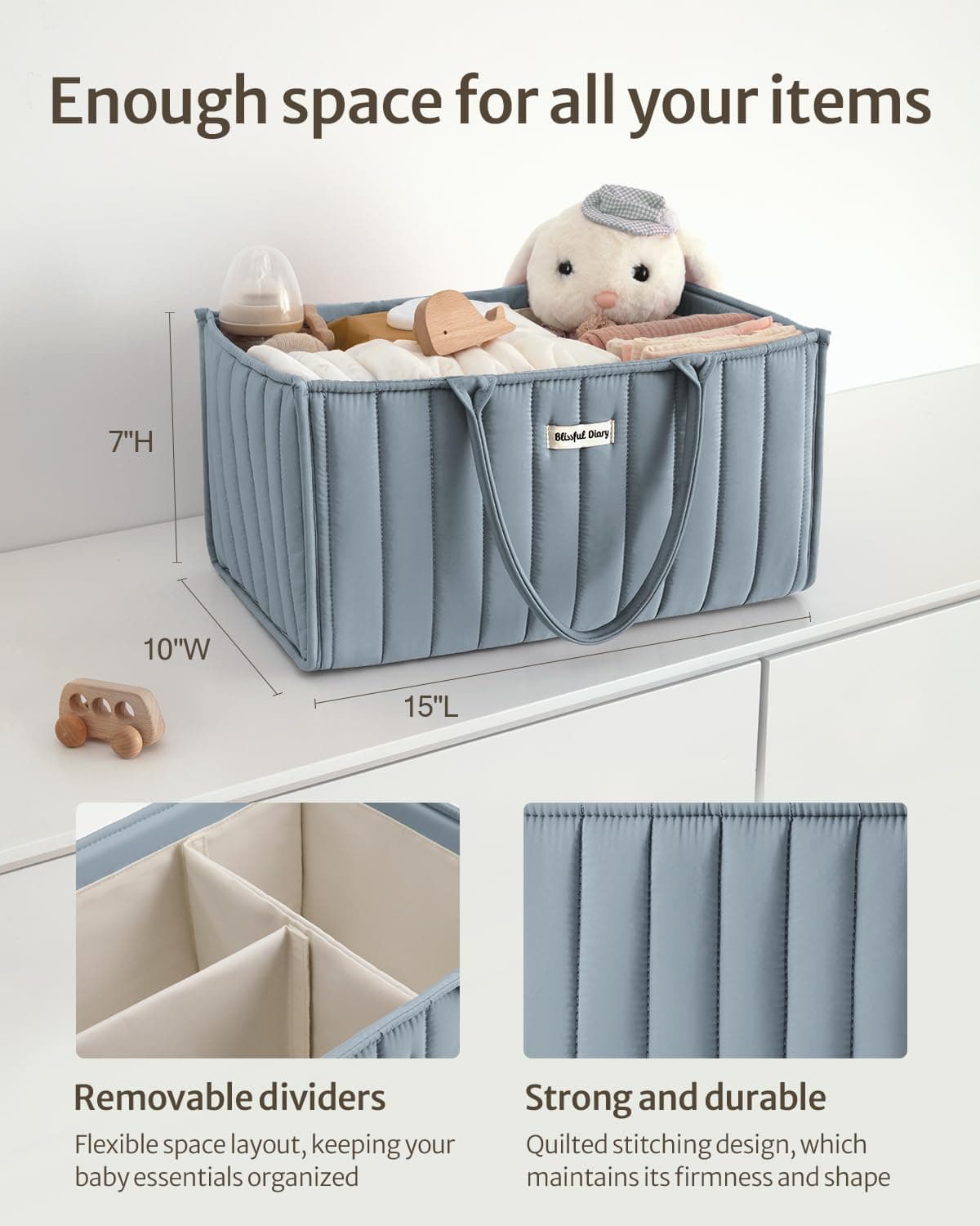 Blissful Diary Baby Diaper Caddy Organizer, Stylish Storage Basket for Newborn Essentials and Diaper Station, Baby Shower and Registry Must-Have, Dusty Blue thumbnail 3