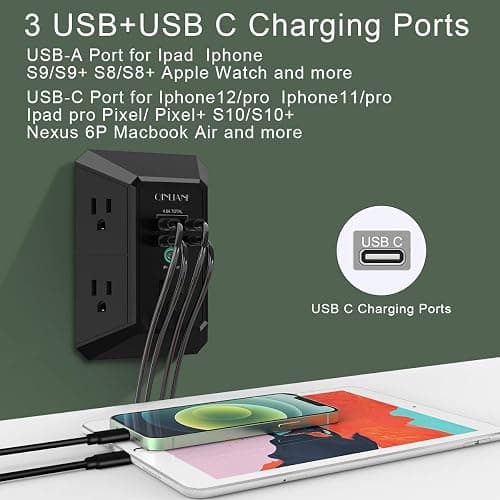 USB Wall Charger, Surge Protector, QINLIANF 5 Outlet Extender with 4 USB Charging Ports (4.8A Total) 3-Sided 1680J Power Strip Multi Plug Outlets Wall Adapter Spaced for Home Travel Office, Black thumbnail 5