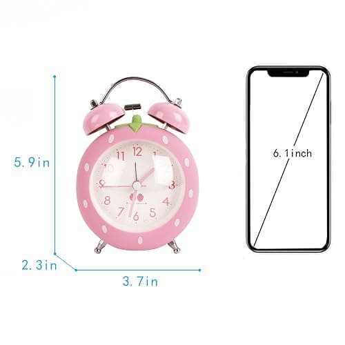 Danse Jupe 4 inches Twin Bell Alarm Clock Strawberry,Backlight,Battery Operated,Non Ticking,Analog Loud Alarm Clock for Bedroom,Bedside,Desk,Pink, One Size thumbnail 3