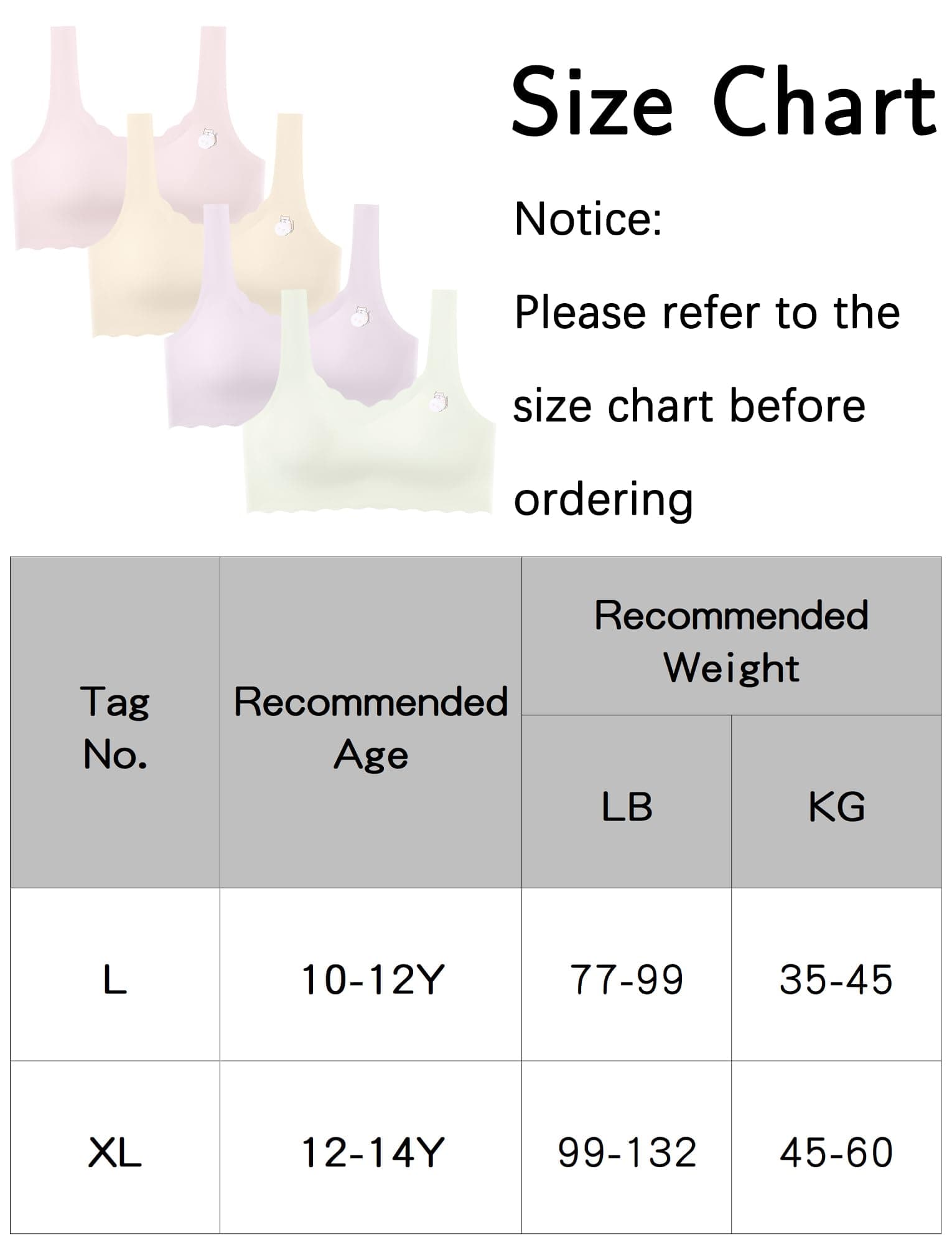 SEAUR 4 Pack Girls Training Bras Thin Padded Bra Seamless Stretchy Sports Bra Invisible Bralette First Bra Kids Bras Tank Top - 10-12 Years - Pink/ Purple/ Green/ Beige thumbnail 6