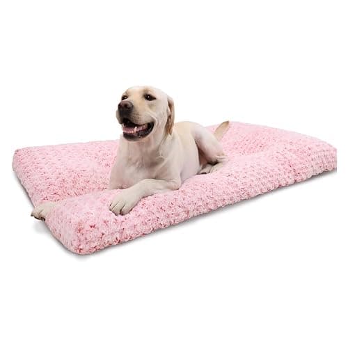 KSIIA Washable Dog Bed Deluxe Plush Dog Crate Beds Comfy Kennel Pad Anti-Slip Pet Sleeping Mat for Large, Jumbo, Medium, Small Dogs Breeds, 35" x 23", Pink - Image 1