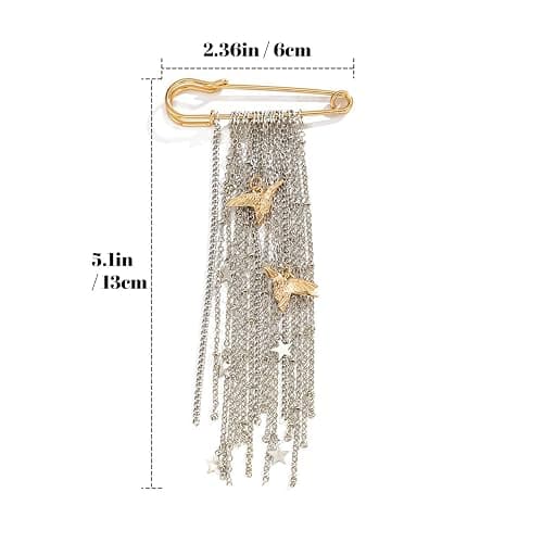 Hopodix Silver Tassel Chain Brooch Gold Safety Pin with Peace Dove Charm Brooch Vintage Lapel Pin Coat Suit Accessories Party Gift thumbnail 3