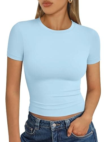Trendy Queen Womens Short Sleeve T Shirts Summer Crop Tops Basic Slim Fit Gym Workout Y2k Clothes - Image 1