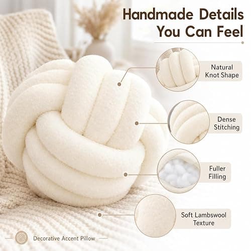 Petrella Ivory White Knot Pillow Ball, 8 Inch Round Decorative Throw Pillow | Lambswool, Handmade, Soft Touch, Machine Washable, Throw Pillow for Couch, Bed, Accent Chair, Bedroom and Living Room Decor thumbnail 4