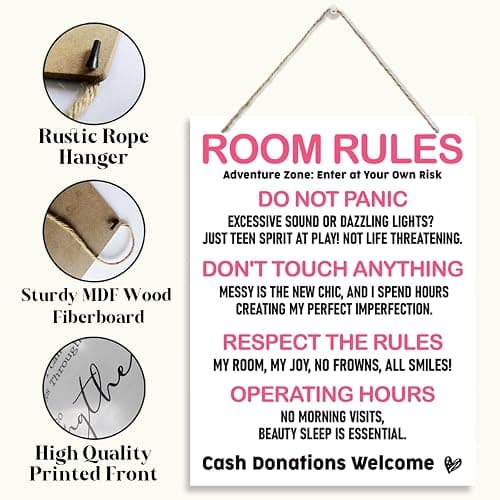 Wooden Room Rules Plaque, Funny & Cute for Teen Girls' Bedroom, Pink Wall Decor & Birthday Gift thumbnail 4