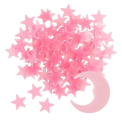 100 Stars and 1 Moon Glow in The Dark Luminous Fluorescent 3D Plastic Glow Stars Moon for Ceiling, Glowing Wall Stickers Create a Realistic Starry Sky, Room Decorations (Pink) - Image 1