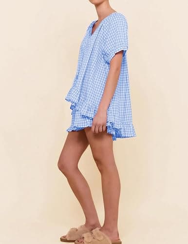 APRTEAK Womens 2 Piece Gingham Pajama Set Plaid Outfits Cute Ruffle Pajamas Checkered Cotton Pjs Short Sleeve Matching Set thumbnail 5