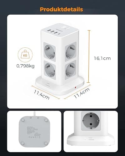 TESSAN 8 Fach Mehrfachsteckdose mit USB C, Verlängerungskabel 3M mit 4 USB und Steckdosenleiste Überspannungsschutz, 3600W Steckdosenturm mit Schalter, Steckdosenwürfel für Büro, Grau thumbnail 7