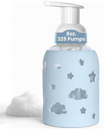 SoCal Suds & Company Foaming Hand Soap Dispenser Glass, Light Blue, 8oz | Liquid Soap Pump w/ Heart Silicone Sleeve, Refillable Bottle for Kids, Baby Wash & Shampoo, Ideal for Bathroom & Kitchen Use - Image 1