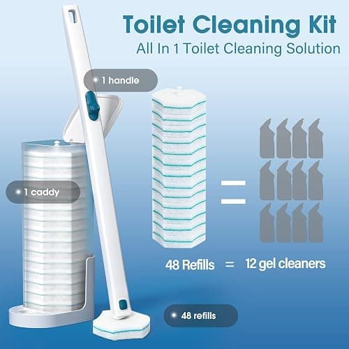 Disposable Toilet Brush with 48 PCS Refills, Disposables Toilets Cleaning System with Handle, Storage Caddy and 48Toilet Bowl Refill Heads for Bathroom Cleaning thumbnail 5