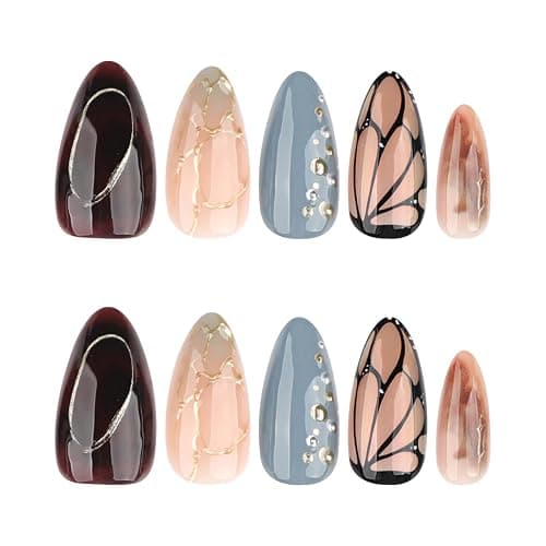 Mivota Luxury Smoky Blue Amber Press On Nails Medium Almond Gold Metal Butterfly Brown Marble Fake Nails Set Vintage Elegant 3D Gold Bead Reusable Nails for Women Korean Chic Daily Wear Nail Tips thumbnail 2