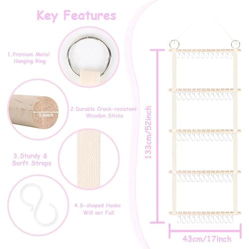 Headband Holder Hair Bow Organizer for Girls, 52x17 inch Beige Wall Hanging Headband Hanger Shelf w/Mesh Pocket, Baby Hair Accessories Organizer Storage for Toddler Nursery Kids Room Decor thumbnail 2
