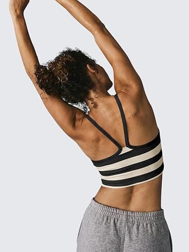 Fisoew Womens Striped Crop Sleeveless Tank Tops Scoop Neck Crossed V Racerback Cami Workout Yoga Athletic Sports Tops thumbnail 3