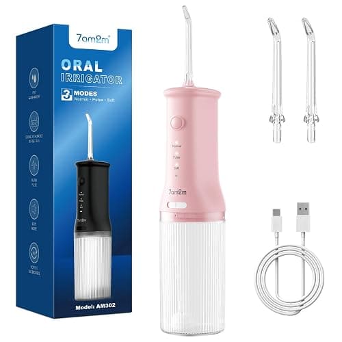7AM2M Portable Cordless Water Flosser, Oral Irrigator with 3 Modes & 2 Tips, Fast Rechargeable, IPX7 Waterproof, Dental Water Flosser for Travel and Home Use (Pink) - Image 1