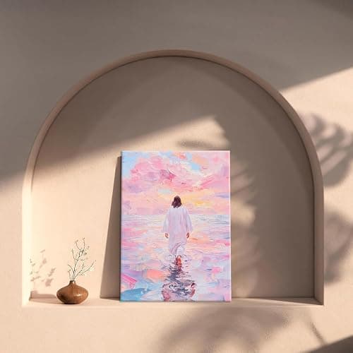 Jesus Canvas Wall Art Pink Jesus Walks on Water Painting Picture Wall Decor Religious Savior Wall Art Christian Bible Stories Poster print Artwork for Living Room Bedroom Church Decor 24x36in canvas thumbnail 9