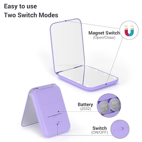 Kintion Pocket Mirror, 1X/3X Magnification LED Compact Mirror (Purple) | Travel Mirror with Light for Purse, 2-Sided, Portable, Folding, Handheld, Small Lighted Mirror for Gift thumbnail 6