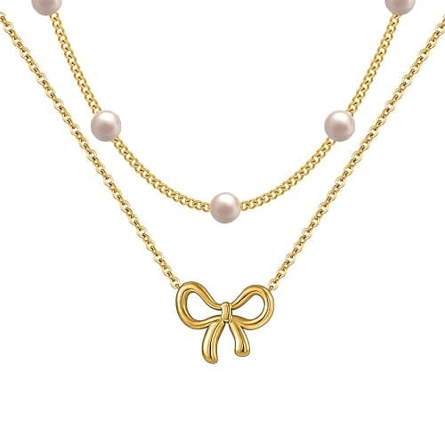 Qitian 18K Gold Plated Satellite Pearl & Bow Pendant Necklace for Women, Adjustable Layered Choker Chain Jewelry, Mini Gold Pearl Necklace Gift - Image 1