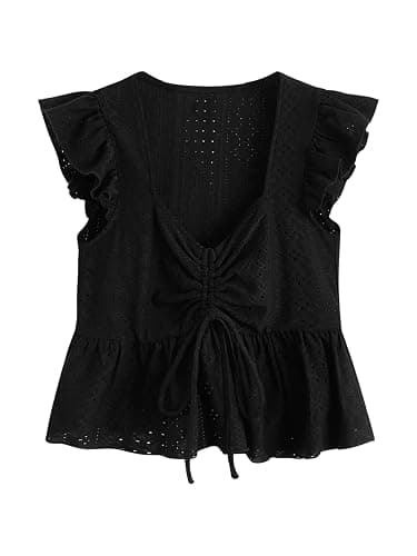SweatyRocks Women's Babydoll Pelpum Top Ruffle Hem Eyelet Cap Sleeve Shirts Sweetheart Neck Blouse - Image 1