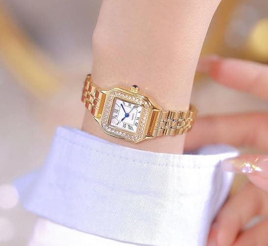 Gold Watches for Women Dainty Square Vintage Watches Luxury Ladies Diamond Accent Dress Stainless Steel Bracelet Watch Analog Quartz Waterproof Watch thumbnail 2