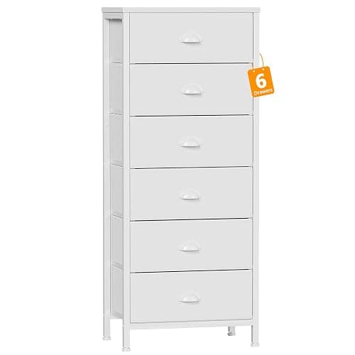 Furnulem White Dresser for Bedroom, 6 Fabric Drawers Chest of Drawers | Tall Skinny Dresser for Closet, Vertical Storage Tower Unit, Tall Nightstand for Dorm, Living Room, Metal Frame, Wooden Top - Image 1