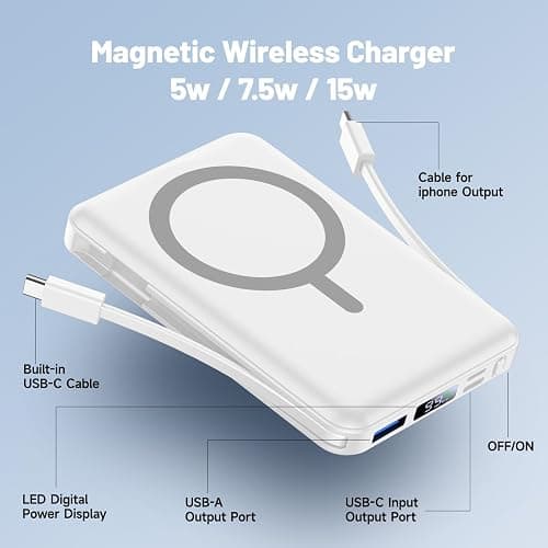 Vexnara Batterie Externe iPhone Magnétique, Compatible avec MagSafe 10000mAh sans Fil Power Bank Charge Rapide avec 2 Câbles Intégrés Affichage LED Compatible iPhone 17/16/15/14/13/Pro/Pro Max-Blanc thumbnail 5
