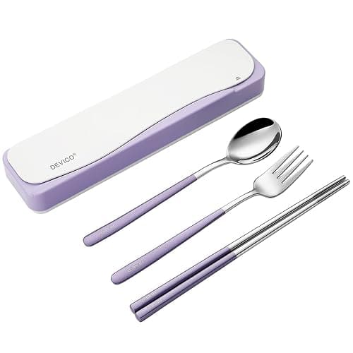 DEVICO Travel Utensils, Portable 18/8 Stainless Steel Silverware Flatware Set, Include Fork Spoon Chopsticks with Case (Purple) - Image 1