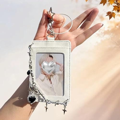 kavuipop K-pop Photocard Holder Keychain with Punk Style Charms, Hard Protective Card Case,Chain Decoration, Black and White, 2 pcs thumbnail 4
