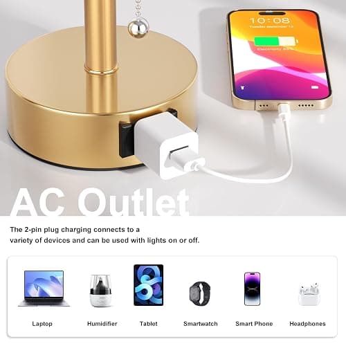 Fenmzee Gold Bedside Table Lamps Set of 2-3 Color Temperatures Pull Chain Lamp with AC Outlet Charging Port, Two Round Night Stand Lamps for Bedroom Office Living Room thumbnail 3