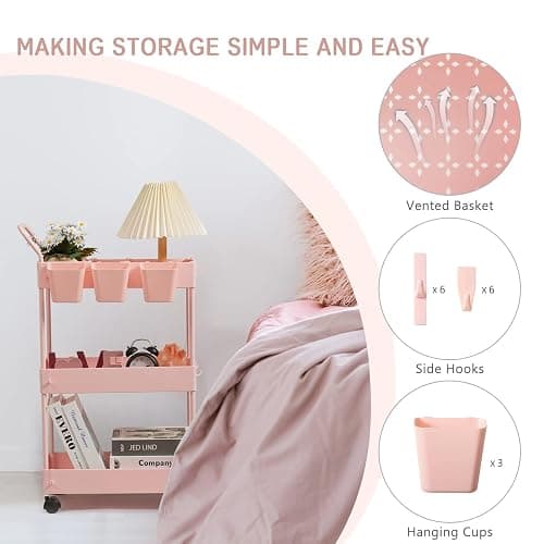 danpinera 3-Tier storage trolley, storage trolley on wheels, beauty trolley with Dividers & Hooks & Hanging Cups, kitchen trolley, storage cart for Kitchen, Make-Up, Bathroom, Office, Pink thumbnail 6