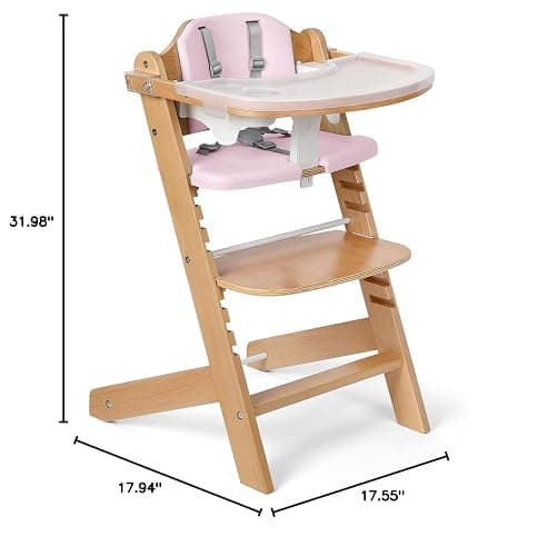 Cowiewie Natural Wooden High Chair for Babies & Toddlers 3-Tier Remove Adjustable Tray and Highchair with Cushions, Easy to Clean, Portable. (Pink) thumbnail 3