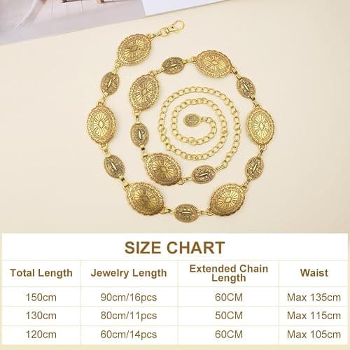 Alaoo Western Gold Metal Concho Chain Belt, Gold Chain Belt for Women, Western Cowgirl Waist Chain Adjustable Gold Metal Vintage Belt, Boho Golden Waist Chain Belts for Women Dresses Jean thumbnail 2