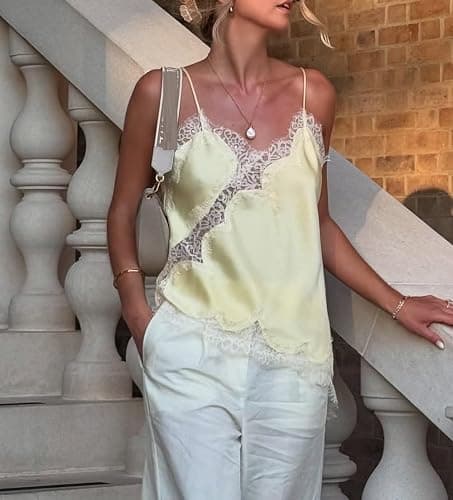 Women Satin Lace Cami Tops Y2k Asymmetrical Camisole Sexy Spaghetti Strap Side Slit Tank Top Trendy Going Out Tops thumbnail 2