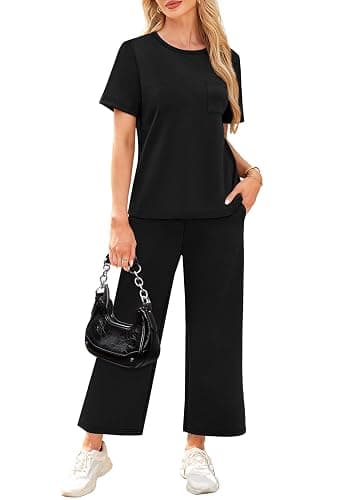 WIHOLL 2 Piece Sets for Women Casual Summer Travel Vacation Outfits Short Sleeve Wide Leg Crop Pants Lounge Sets thumbnail 4
