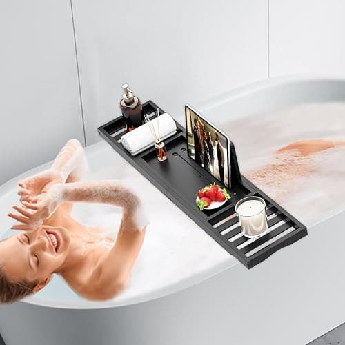 Bathtub Tray Black - Bath Tray Expandable - Bath Table Trays for Bathtub/Tub,Premium Bamboo Wooden, Fits Most Bath Tubs thumbnail 2