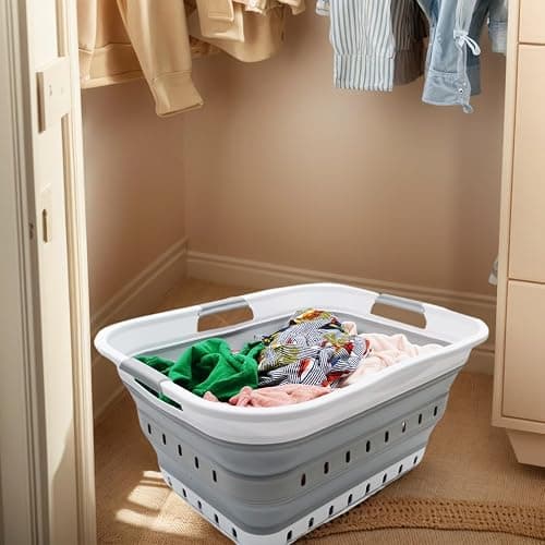 SAMMART 42L (11 gallon) Collapsible Plastic Laundry Basket - Foldable Pop Up Storage Container/Organizer - Space Saving Hamper/Basket (1, White/Grey) thumbnail 5