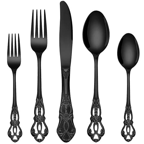 EUIRIO 40 Pieces Black Silverware Set, Royal Retro Flatware Set for 8, Stainless Steel Cutlery Set with Luxury Forks Spoons and Knives, Utensils Set Mirror Polished, Dishwasher Safe - Image 1