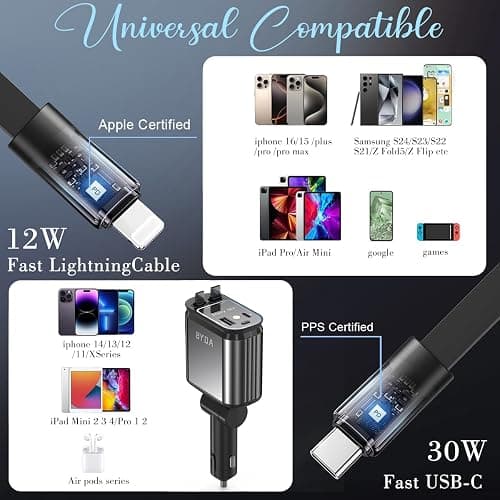 4 in 1 Retractable Car Charger,69W USB-C Fast Car Charger with Starry Light, for iPhone16/15/14/13/12,Cigarette Lighter Charger (Grey, for Lightning+USB-C) thumbnail 3