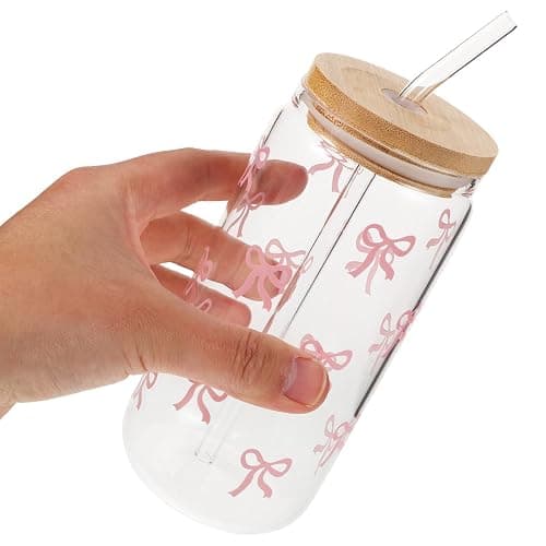 TOPPERFUN Cute Glass Water Cup with Lid and Straw: 400ml/ 13.5oz Glass Tumbler Drinking Set Travel Mug, Cute Bowknot Design Reusable for Beer Iced Coffee Whisky Water - Image 1
