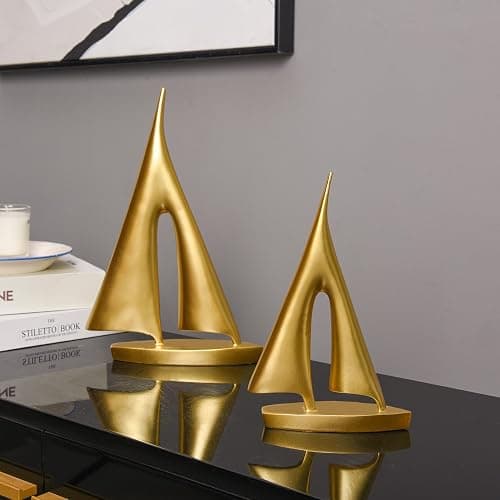 Modern Sculptures Home Decor, Gold Sailboat Decor Ornament, Boat Decorations Statue Decor, Art Sculptures and Statues, Sailboat Gifts Home Office Bathroom Shelf Decor Nautical Decor (2 Pack) thumbnail 2