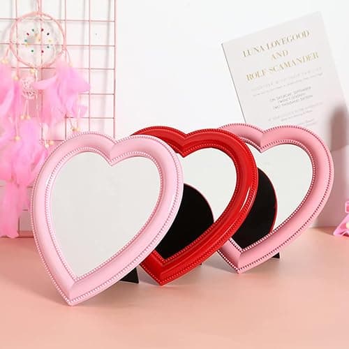 Mokoze Desk Heart Mirror, Wall Mounted Mirror with Bracket Hanging Hole, 11"x10.6" Light Pink for Table Home Room Decor, Birthday Gift for Girl Women thumbnail 7
