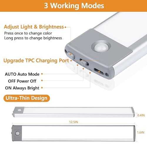 YANEGRT Under Cabinet Lights, Dimmable 60 LED Motion Sensor Light Indoor 2 Pack- Wireless USB Rechargeable, 3 Color Magnetic Closet Light for Kitchen, Wardrobe Storage thumbnail 4