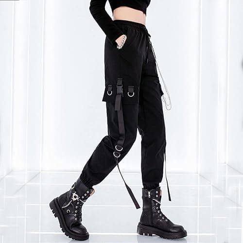 MEINVQIAOTI Black Cargo Pants for Women Techwear Women Loose Street Rock Style Casual Black Pants with Chain Goth Pants thumbnail 2