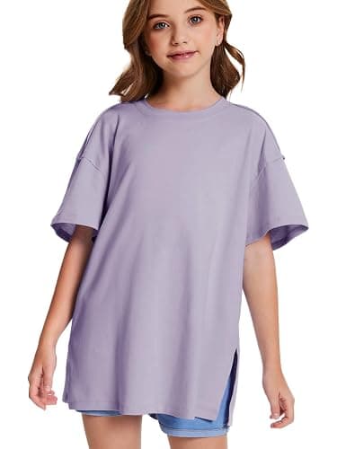 CharmWM Girls Fashion T Shirts Raw Hem Oversized Summer T Shirt Short Sleeve Tops Tees Shirt 5-14 Years thumbnail 2