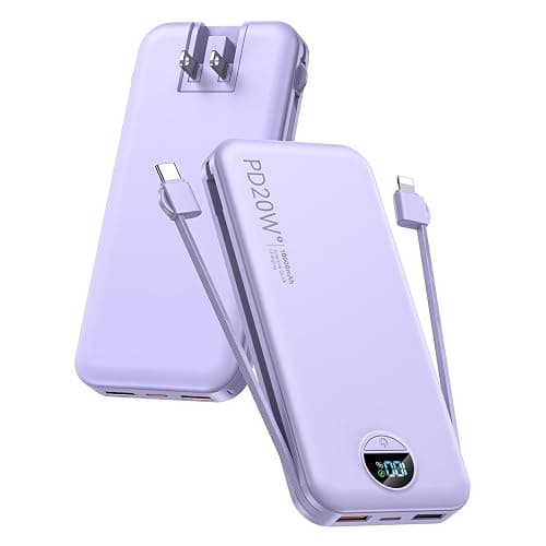 citicr Portable Charger 10000mAh PD20W w/Built-in Cables & Wall Plug Purple | Fast charging, Built-in wall plug, LED display, Charge 5 devices at once, Pass through charging, TSA approved, Pocket size - Image 1