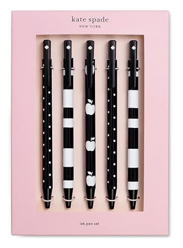 Kate Spade New York Black Ink Pen Set of 5, Cute Plastic Click Pens, Dots and Stripes - Image 1