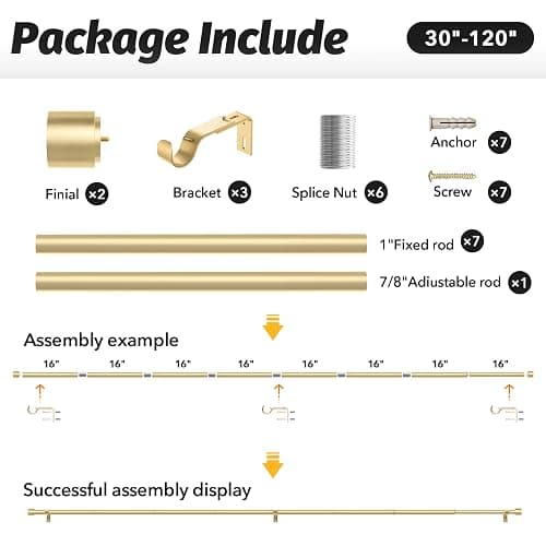 GEEBOBO Gold Curtain Rods for Windows 66 to 120 Inch | 1 Inch Adjustable Heavy Duty Easy Install Curtain Rods Set for Patio, Farmhouse, Bedroom, Living Room (Gold, 30"-120") thumbnail 6