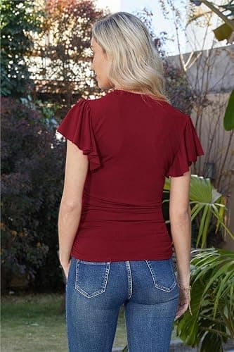 GRACE KARIN Women's Short Ruffle Sleeve V-Neck Ruched Casual Tops Summer Blouses Vintage Top thumbnail 4