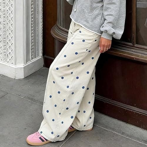 XBTCLXEBCO Polka Dot Jeans Women Y2K Print High Waisted Wide Leg Denim Pants Vintage Stretchy Boyfriend Jeans 90s Streetwear thumbnail 4
