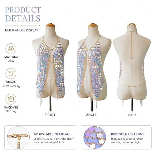Sequin Body Chain Vest - Iridescent Tassel Jewelry Top for Music Festival, Rave Outfits & Summer Beach Party Layering Accessories,One Size thumbnail 2