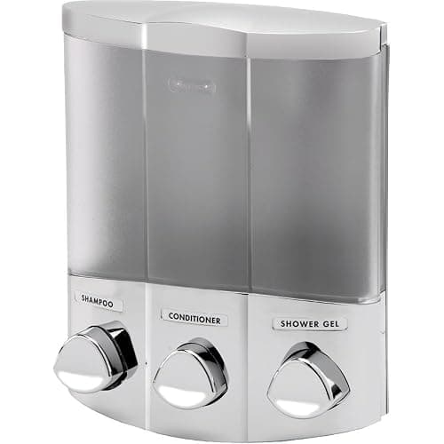 Better Living Products 76334-1, 3-Chamber, Satin Silver | 3 Chamber, No Drill, Corner or Flat Wall Installation, Shampoo, Conditioner and Body Wash Dispenser - Image 1